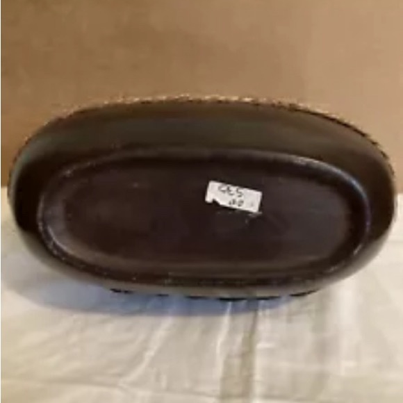 Vintage Dark Wooden Vase Ottoman Style Wood With Raffia & Metal Rings  6x6” - Picture 6 of 7